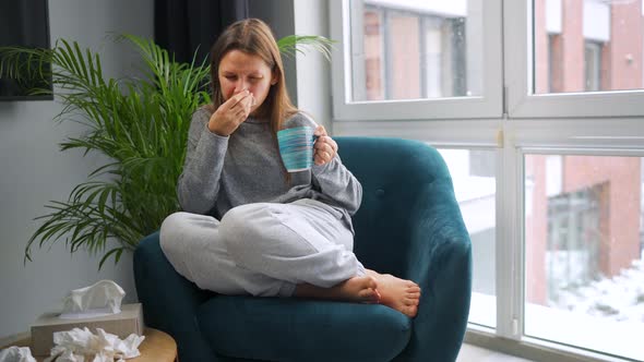 Unhealthy Woman Sits in a Chair Drinks Hot Tea or a Cold Medicine and Sneezes or Blows Her Nose Into alt