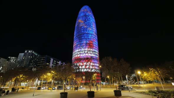 Timelapse of Barcelona with Illuminated Torre Agbar at Night, Spain alt