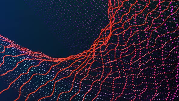 Red color dot particles movement in digital space. alt