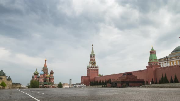 Empty Red Square without people. St. Basil's Cathedral, Mausoleum and Kremlin. Time lapse alt