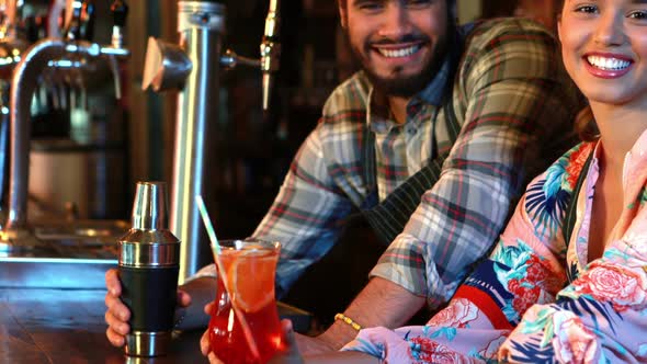 Portrait of smiling barmaid and barman with cocktail shaker and cocktail at bar counter alt