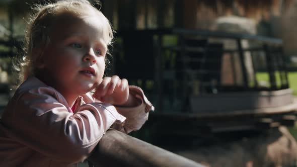 Portrait of a little girl watching something from the bridge alt