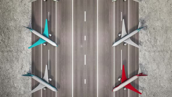 Aerial view of parked airplanes at the airport runway alt
