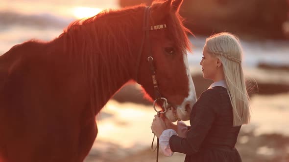 Girl Taking Care of Her Horse Girl Young Silhouette