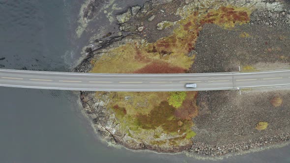 Drone Over Asphalt Road Of Storseisundet Bridge (The Atlantic Road) In Norway. Aerial alt