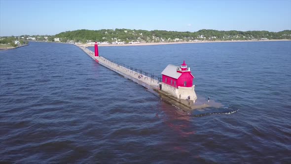 Drone shot of a lighthouse in Grand Haven, Michigan alt