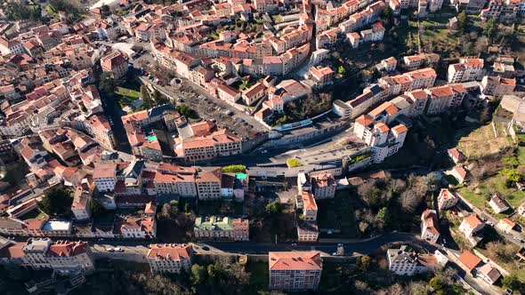 Aerial View of Dense Historic Center of Thiers Town in PuydeDome Department AuvergneRhoneAlpes alt