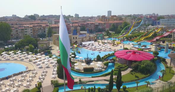 Aerial View of Aquapark and Large Bulgarian Flag