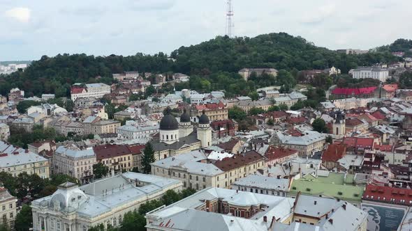 City skyline of old European buildings in Lviv Ukraine during sunset in the summer alt