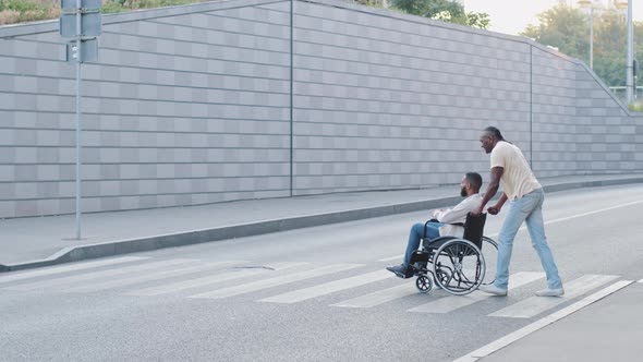 Side View of Two Black African American Men Cross Road at Crosswalk alt