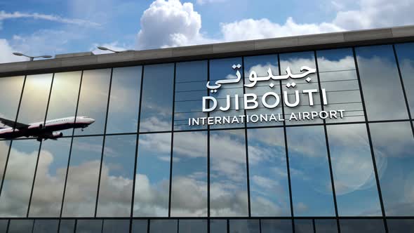 Airplane landing at Djibouti Jibuti airport mirrored in terminal alt