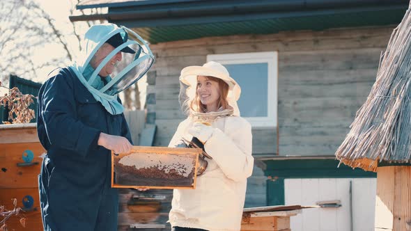 Man and Woman Beekepers Inspecting Beehive Outdoors alt