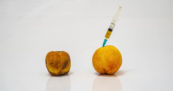 Two Peaches on a White Background, One of Which Rots, Time Lapse, the Concept of Rejuvenation and alt