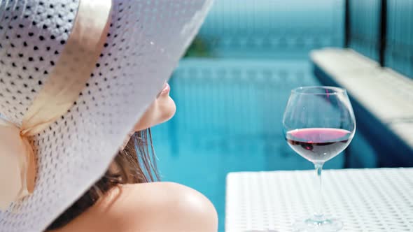 Portrait Smiling Pretty Woman in Floppy Hat and Sunglasses Enjoying Sunbathing with Goblet of Wine alt