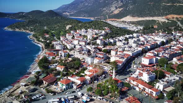 The top view from the drone of Kas resorts, bay, yahts, city in Mugla in Turkey alt