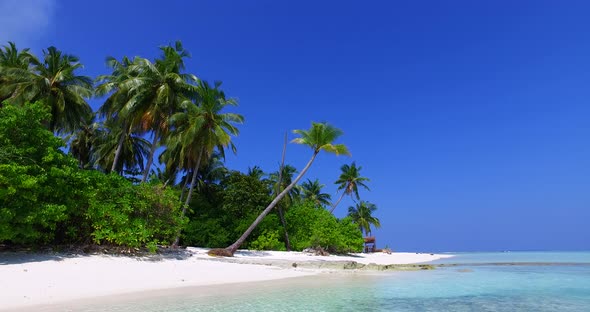 Natural flying clean view of a sandy white paradise beach and aqua blue water background in colorful alt
