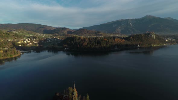 Aerial view of the forested hills of Bled