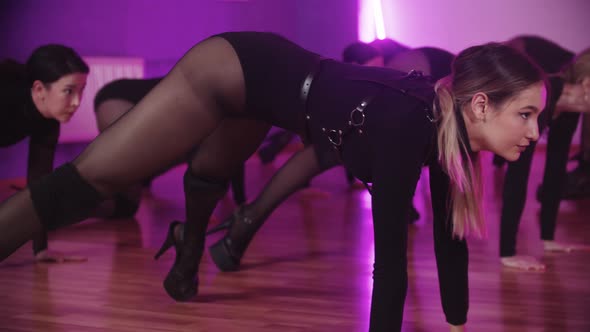 Group of Sexy Slim Dancing Women in Black Clothes and Leather Harness alt
