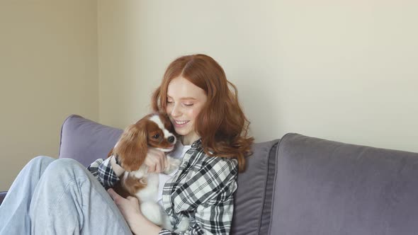 Happy Young Woman is Sitting on a Cozy Sofa Enjoying a Game with a Cute Little Dog in the Apartment