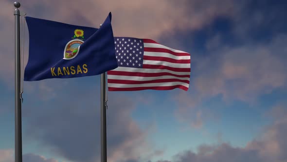 Kansas State Flag Waving Along With The National Flag Of The USA - 2K alt