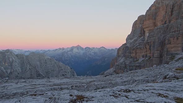 Mountain landscape and alpine hut Angelo Alimonta in Dolomites Alps, Italy. light, Italy, Europe