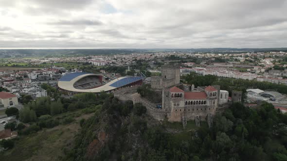 Leiria castle with football soccer stadium background, cityscape in Portugal