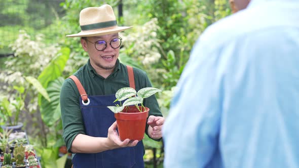4K Asian man plant shop owner helping the customer choosing potted plants in store alt