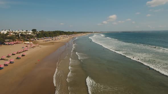 Aerial View Beautiful Beach with Surfers Bali Kuta alt