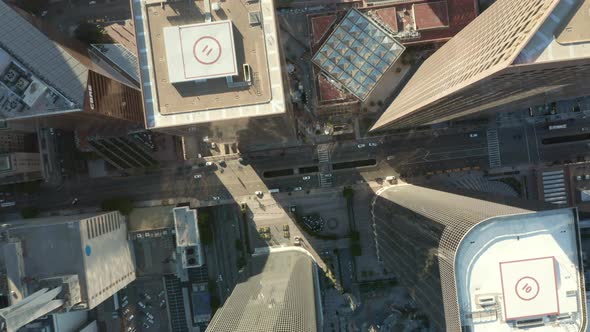 Scenic View of Downtown Los Angeles Skyscrapers From Above Looking Down in Aerial Drone Birds Eye alt