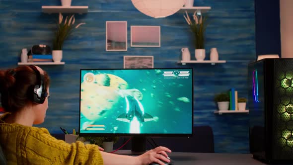 Professional Pro Gamer Playing Space Shooter Video Game New Graphics alt