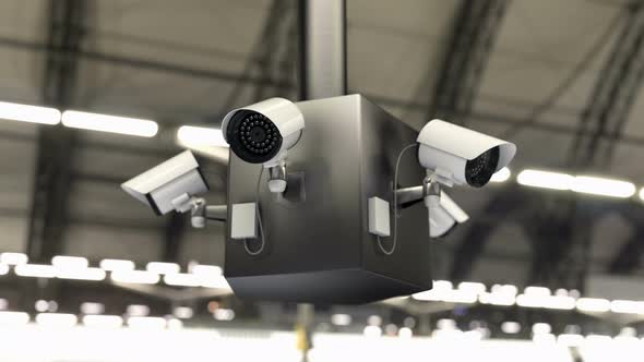 Surveillance System and Security Cameras Scanning the Public Area 4k alt