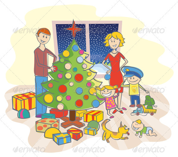Happy Family Dressing Up The Christmas Tree - Characters Vectors