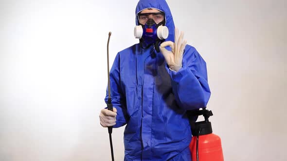 Pest Control Protective Equipment Ready to Disinfect on White Background alt