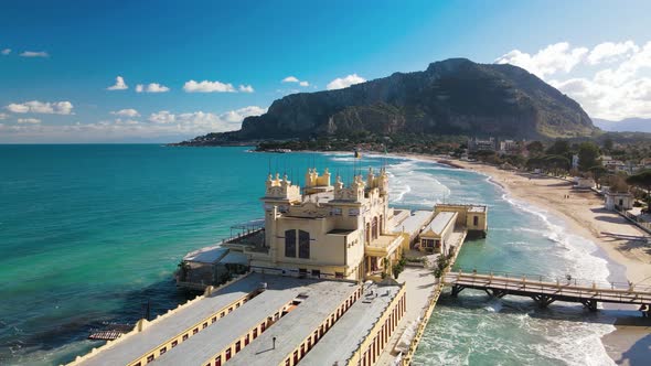 Aerial View of Mondello Beach and Coastline in Sicily alt