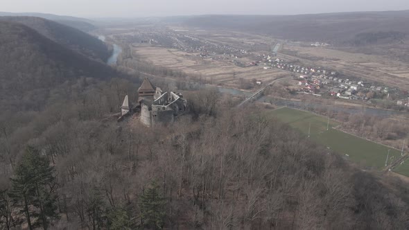 Aerial View From a Drone of the Nevitsky Castle in Uzhgorod alt