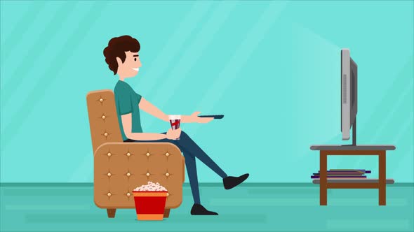 Man Sitting On Sofa Watching Movie On Tv 4K