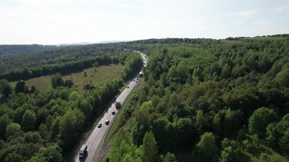 Aerial View of Scenic Road Between Green Trees with Pines on a Sunny Summer Morning alt