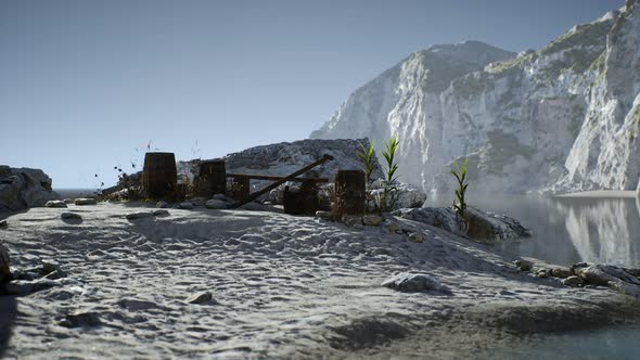 Wooden Barrels with Sea Fish at the Sand Beach alt