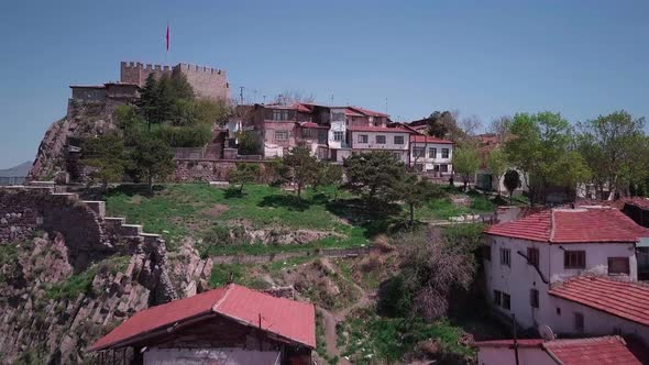 Aerial view of Ancient Ankara fortress with Turkish flag and city view