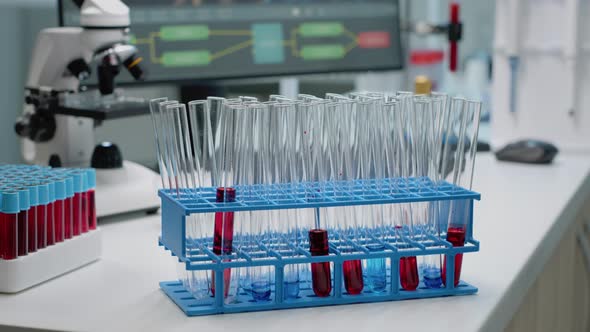 Close Up of Glassware for Fluid Solution or Dna in Laboratory alt