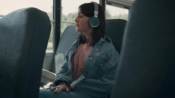 Girl Teenager Enjoying Listening Music Looking Window Vehicle Transport Close Up alt