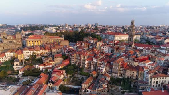 Aerial View of Old Centre of Porto in Sunrise Light