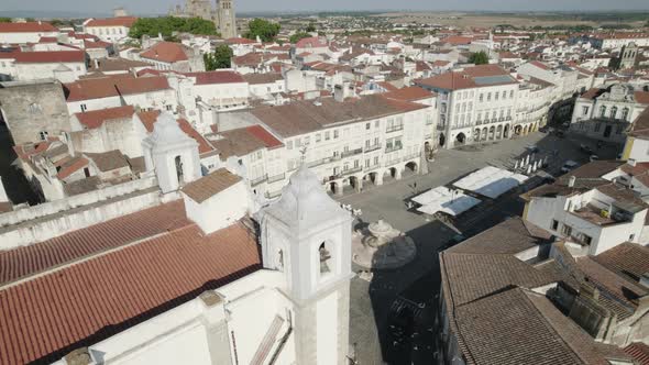 Praça do Giraldo public square, Évora cityscape. Alentejo, Portugal. Aerial shot