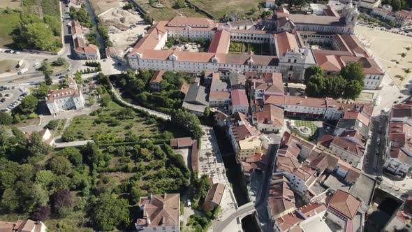 UNESCO world heritage site, monastery of Alcobaça at central Portugal, aerial pan view. alt