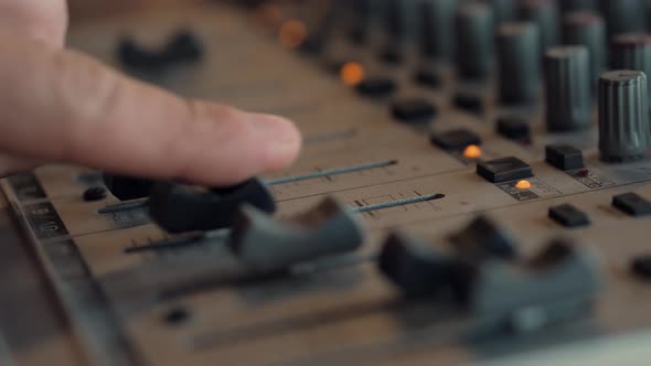 Soundboard Pads TV Station. Sound Designer Used Digital Audio Mixer In Production Studio. alt