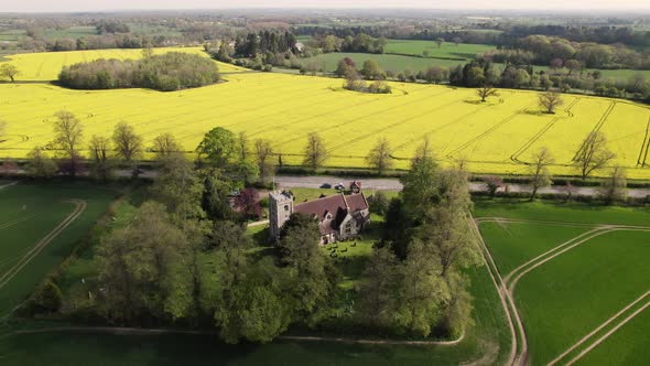 Holy Trinity Norman Church Aerial Spring Season Yellow Flower Rapeseed Field Hatton Green