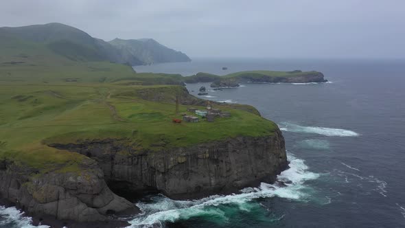 Flying Above the Shpanberg Lighthouse on Shikotan Island. Lesser Kuril Chain, Russia.