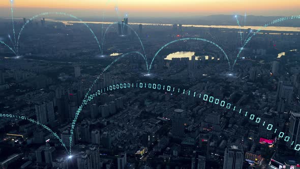 smart Connected city skyline. Futuristic network concept, city Technology. alt