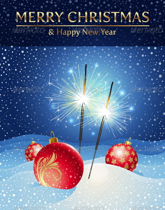 Sparklers And Christmas Baubles In Snowdrift - Christmas Seasons/Holidays