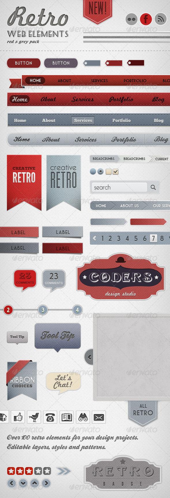 Retro Web Elements - Red & Grey Pack - Miscellaneous Web Elements
